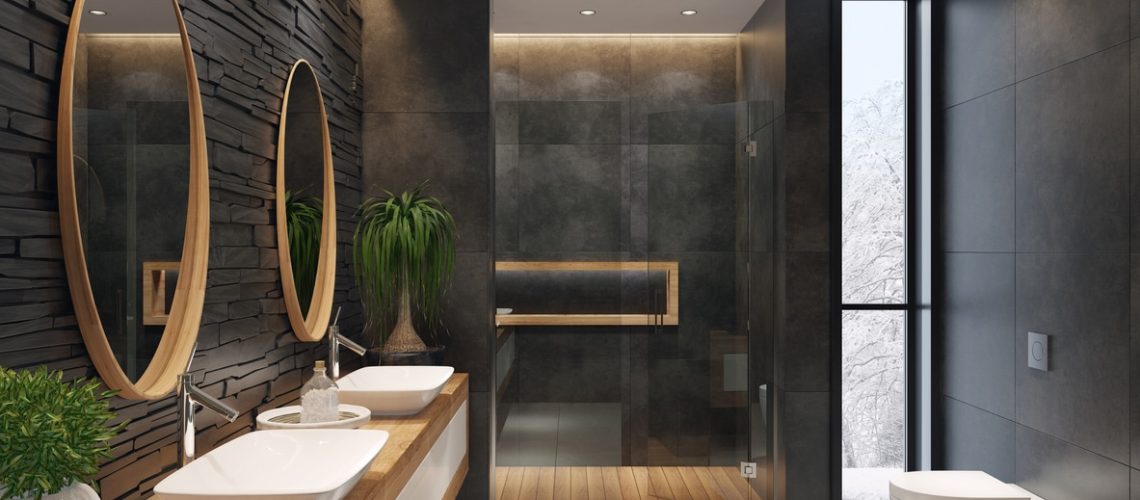 Luxurious minimalist bathroom with slate black stone wall